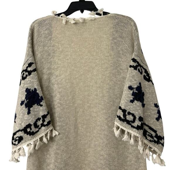 World Market Cream & Navy Blue Fringe Open Front 3/4 Sleeve Boho Cardigan O/S - Picture 5 of 11